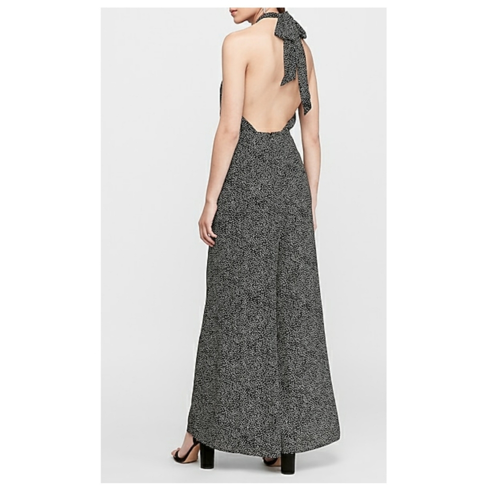 Express Dotted Polka Dot Black White Halter Neck Wide Leg Low Back Jumpsuit